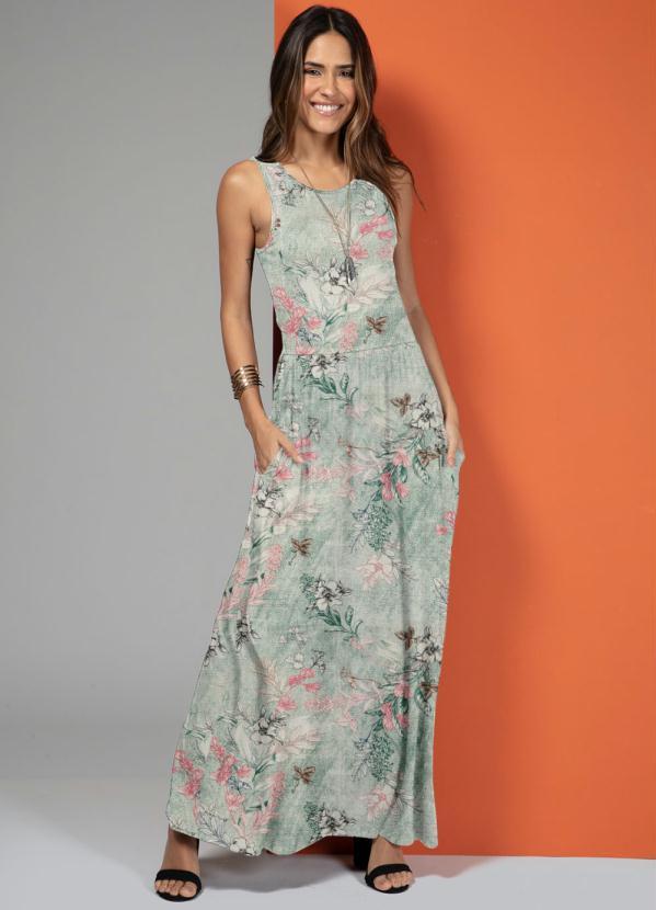 Quintess - Vestido Longo com Bolsos Floral Verde