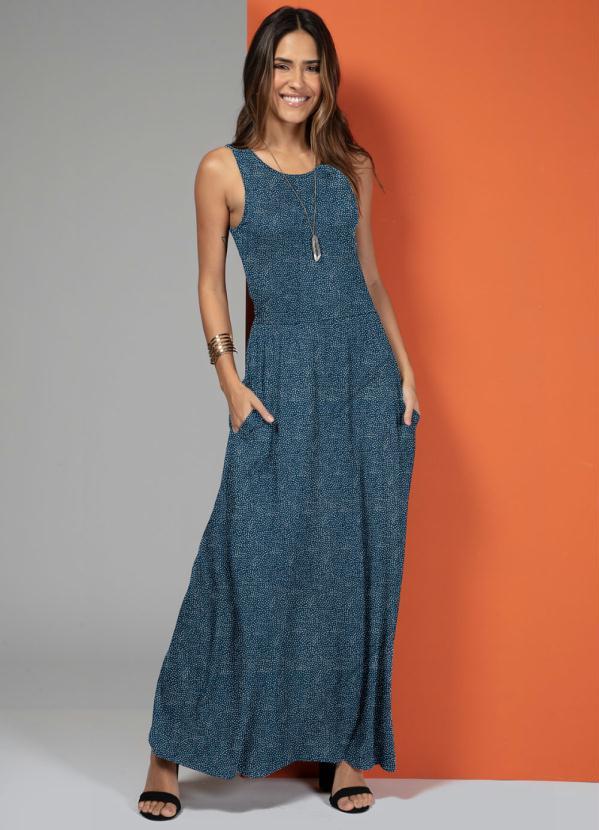 Quintess - Vestido Longo com Bolsos Poá Marinho