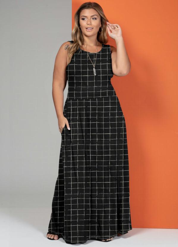 Quintess - Vestido Longo com Bolsos Xadrez Grid 3