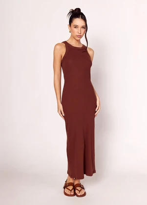 Sofie - Vestido Longo com Decote Nadador Marrom - SOFIE