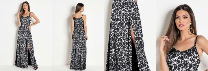 Vestido Longo com Fenda Floral Preto e Branco