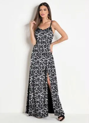 Moda Pop - Vestido Longo com Fenda Floral Preto e Branco - MODA POP
