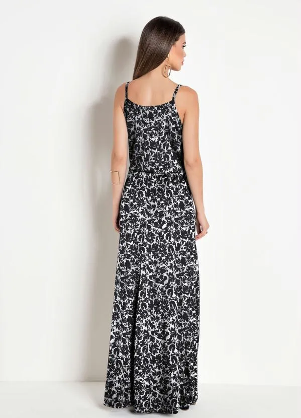 Moda Pop - Vestido Longo com Fenda Floral Preto e Branco 3
