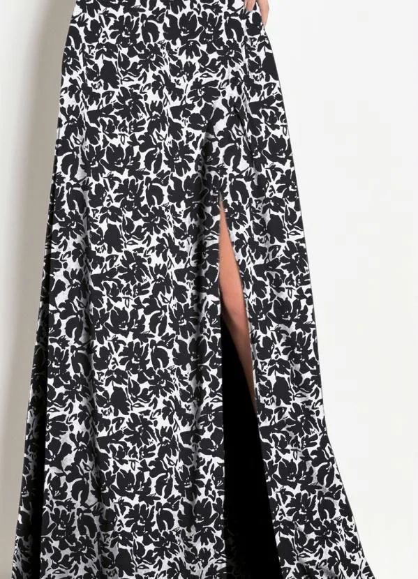 Moda Pop - Vestido Longo com Fenda Floral Preto e Branco 4