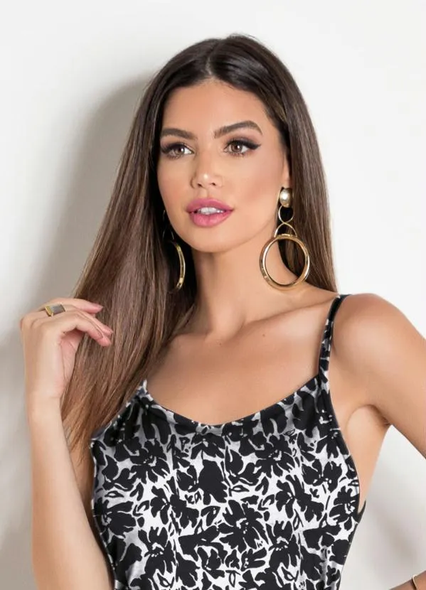 Moda Pop - Vestido Longo com Fenda Floral Preto e Branco 5