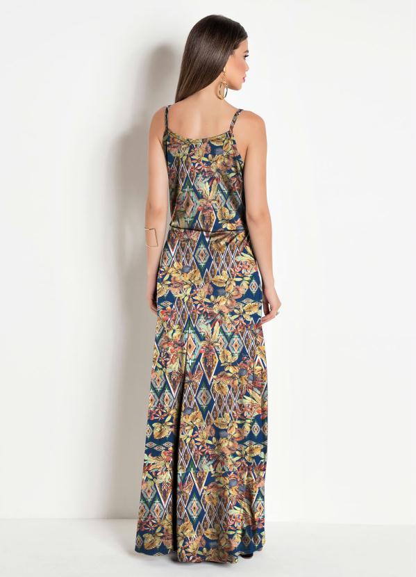 Moda Pop - Vestido Longo com Fenda Tropical Azul 2