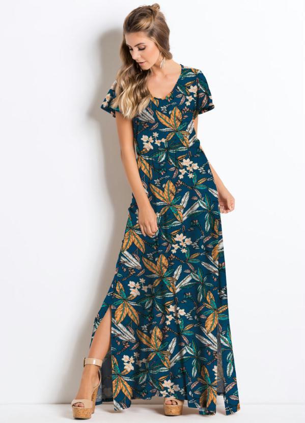 Quintess - Vestido Longo com Fendas Floral Azul