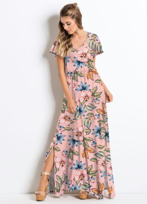 Quintess - Vestido Longo com Fendas Floral Rosa