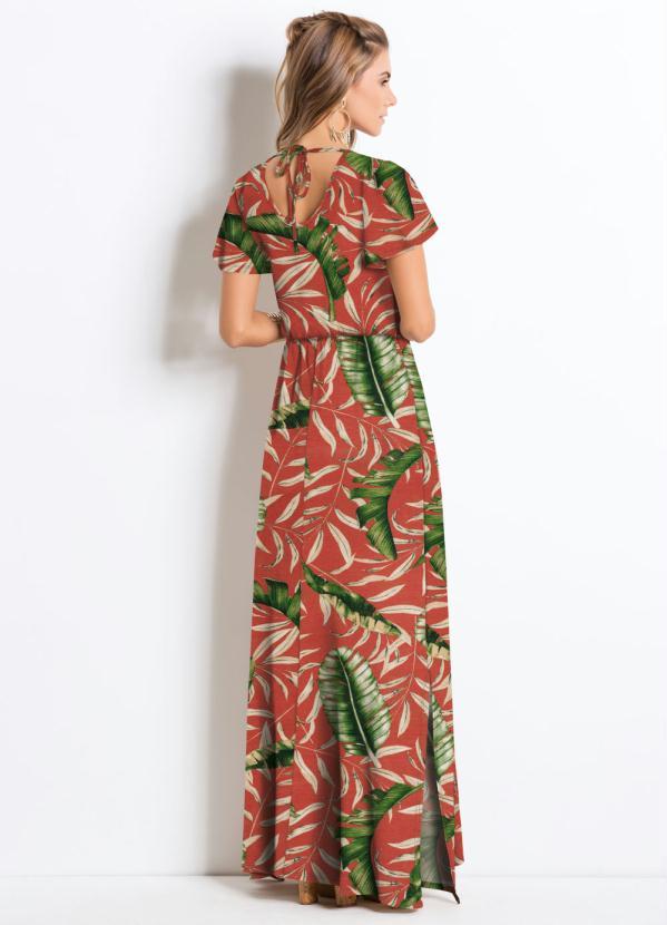 Quintess - Vestido Longo com Fendas Folhagem Laranja 2