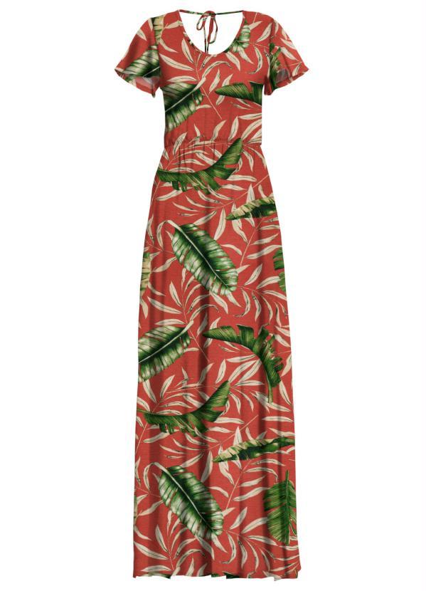 Quintess - Vestido Longo com Fendas Folhagem Laranja 3