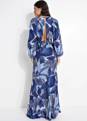 Farm - Vestido Longo com Manga Festa de Pássaro Azul - FARM