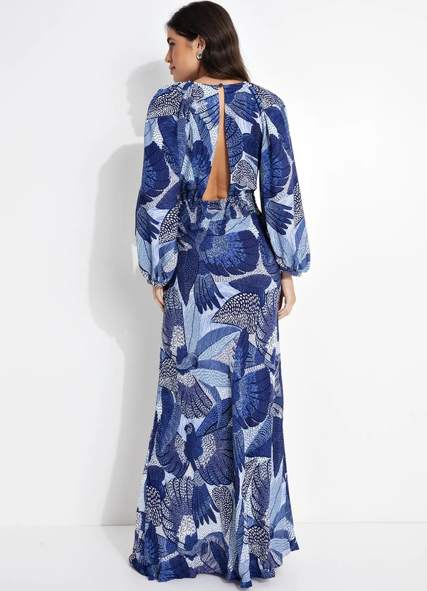 Farm - Vestido Longo com Manga Festa de Pássaro Azul 2