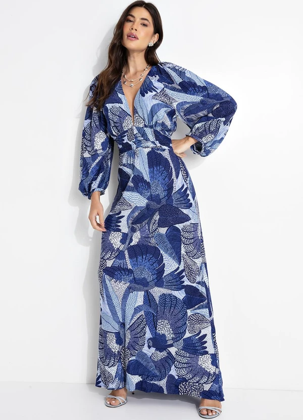 Farm - Vestido Longo com Manga Festa de Pássaro Azul 3