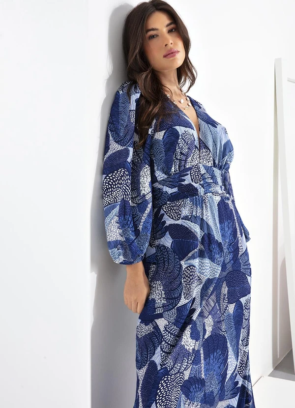 Farm - Vestido Longo com Manga Festa de Pássaro Azul 7