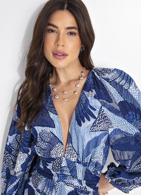 Farm - Vestido Longo com Manga Festa de Pássaro Azul 8