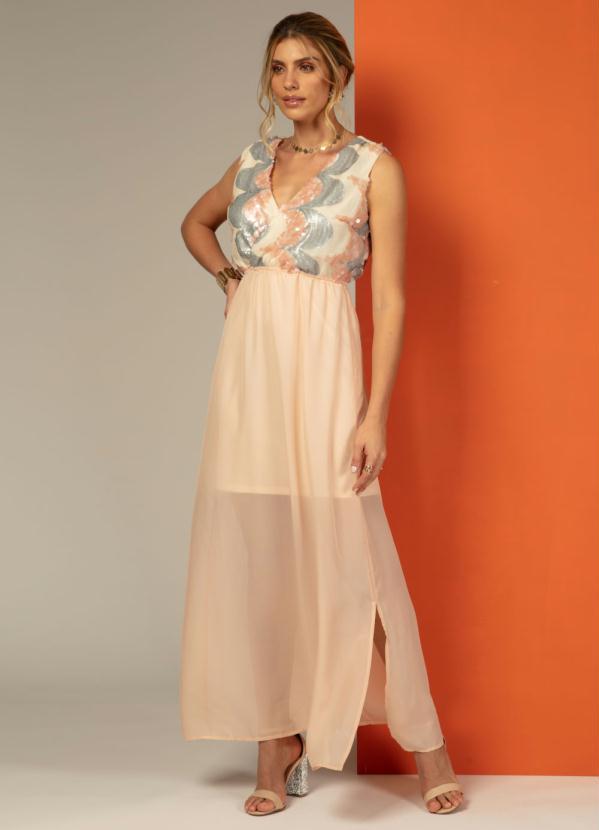 Quintess - Vestido Longo com Paetês no Decote Rosê