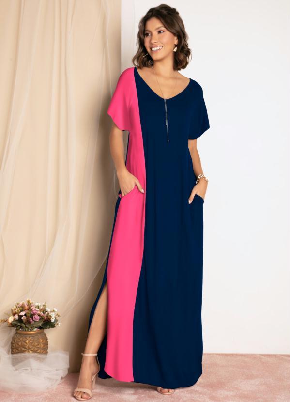 Quintess - Vestido Longo com Recorte Vertical Azul e Pink