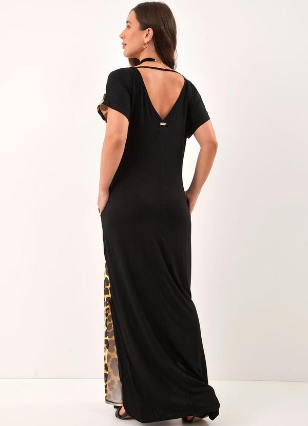 Quintess - Vestido Longo com Recorte Vertical Preto e Onça 2