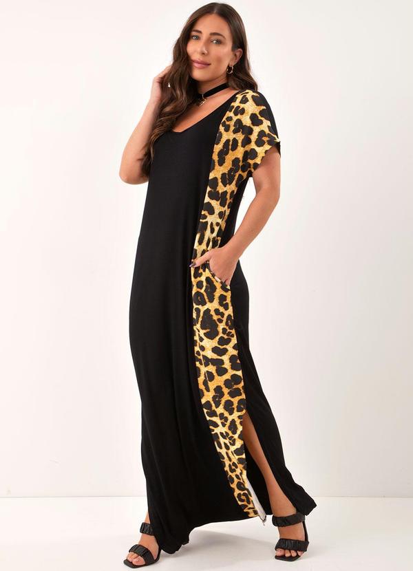 Quintess - Vestido Longo com Recorte Vertical Preto e Onça 3