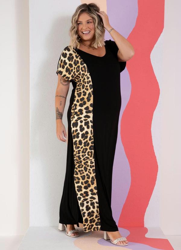 Quintess - Vestido Longo com Recorte Vertical Preto e Onça 4