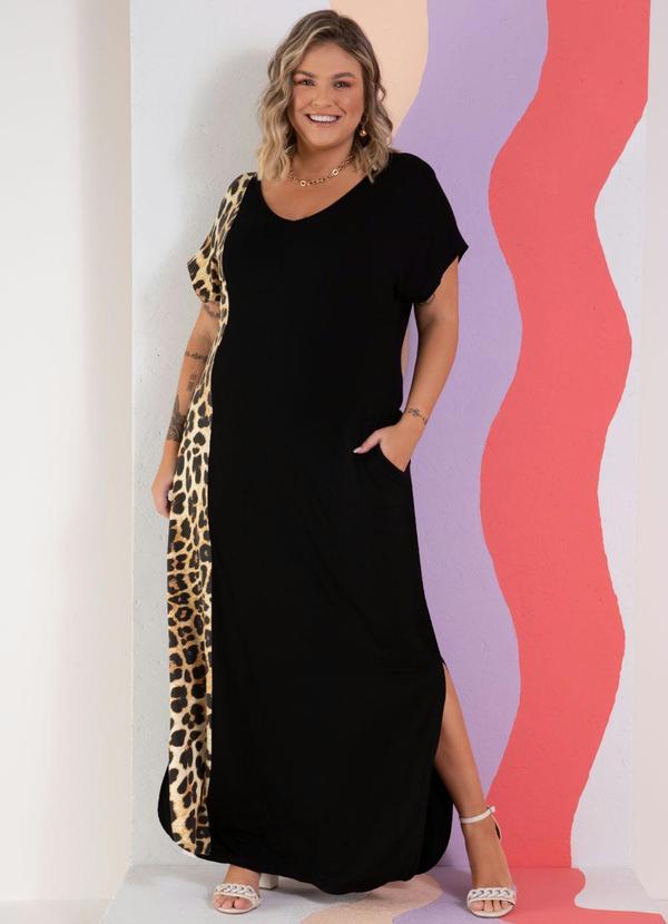 Quintess - Vestido Longo com Recorte Vertical Preto e Onça 6