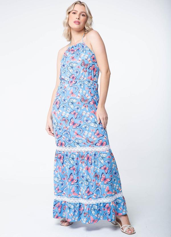 Misiss - Vestido Longo com Renda Isadora Borboletas Azul
