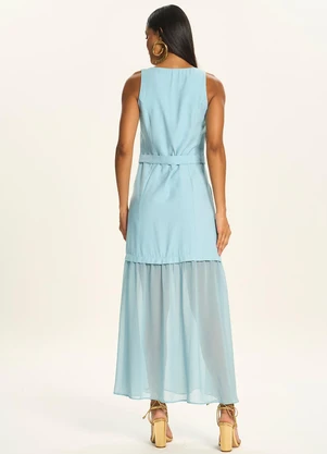 Doce Trama - Vestido Longo com Sobreposição em Tule Azul - DOCE TRAMA