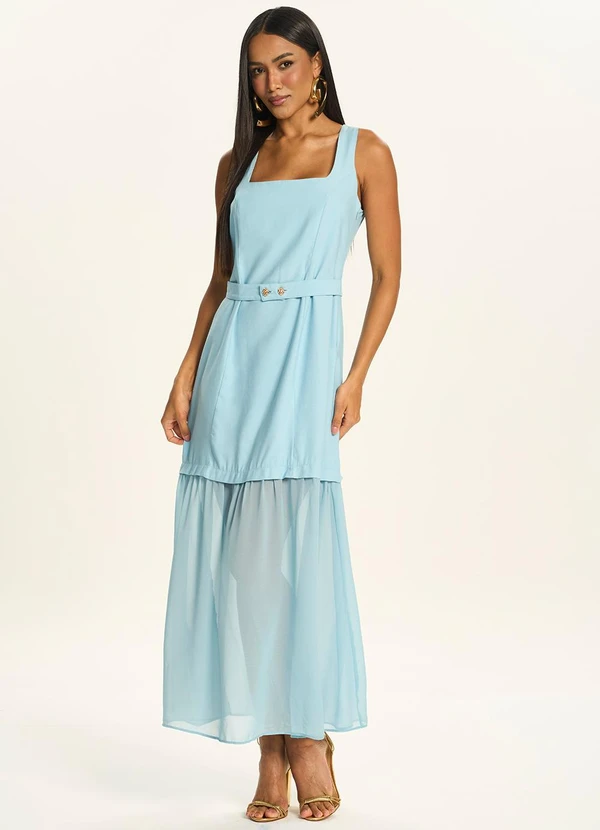 Doce Trama - Vestido Longo com Sobreposição em Tule Azul