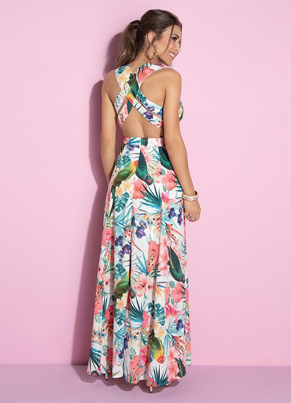 Quintess - Vestido Longo com Transpasse e Tiras Pássaros 2