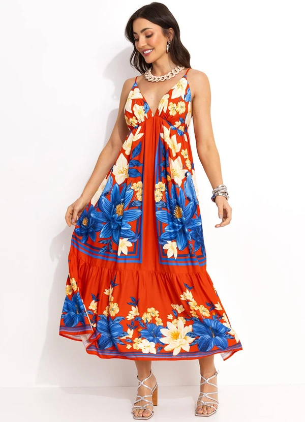 Farm - Vestido Longo Cropped em Viscose Vermelho