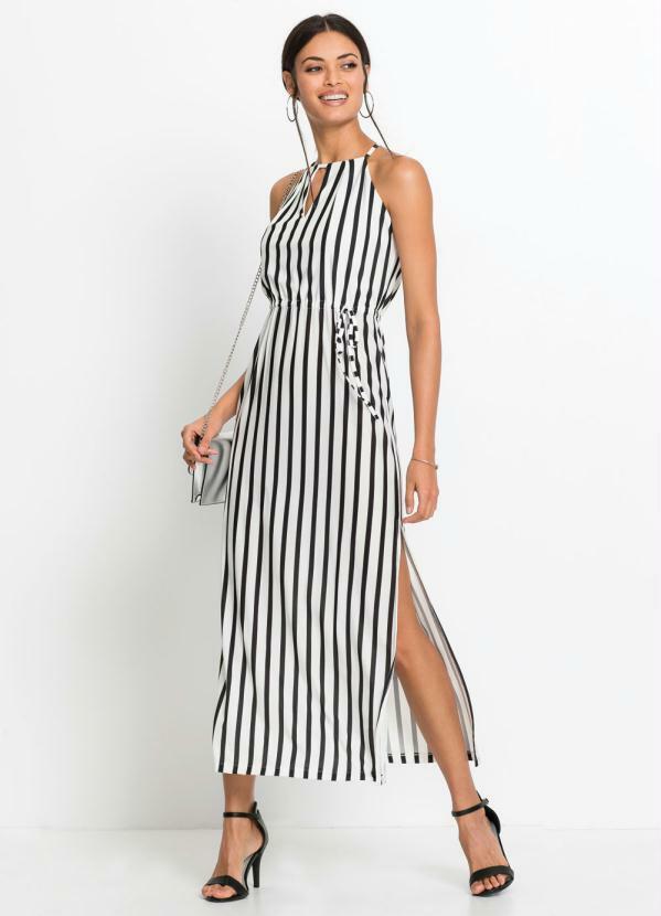 Vestido Longo de Alças Listrado Branco e Preto Bonprix