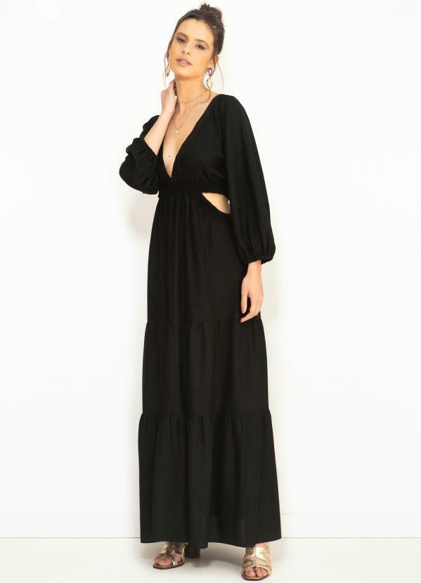 Farm - Vestido Longo de Linho Pala Lastex Preto