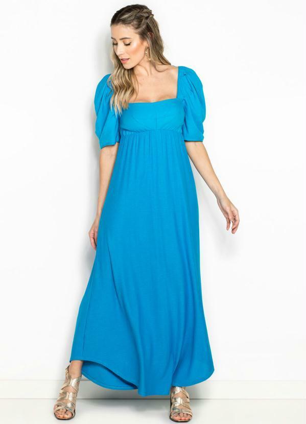 Forum - Vestido Longo de Malha Detalhe Linho Azul