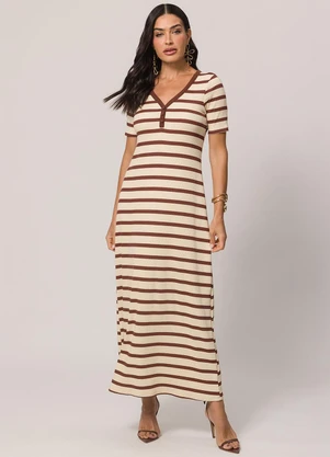 Doce Trama - Vestido Longo de Manga Curta em Ribana Listrado - DOCE TRAMA