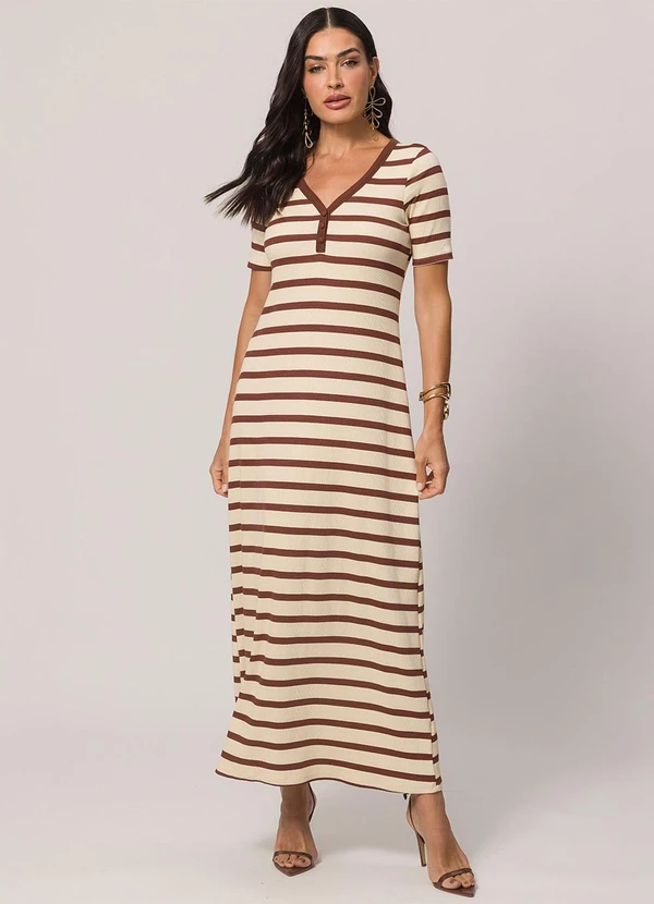 Doce Trama - Vestido Longo de Manga Curta em Ribana Listrado