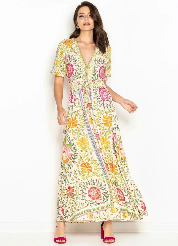 Farm - Vestido Longo de Viscose Amanhecer Bege