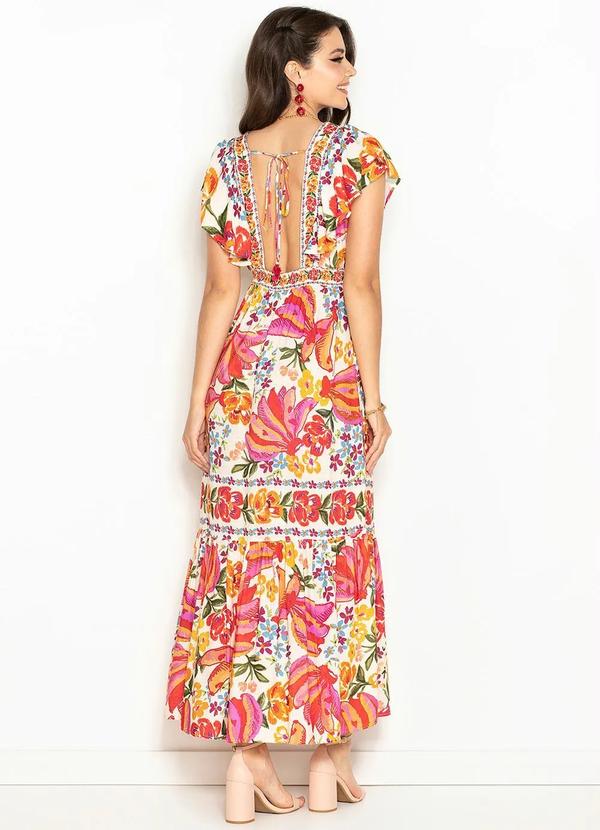 Farm - Vestido Longo de Viscose Banana Riscada Branco 2