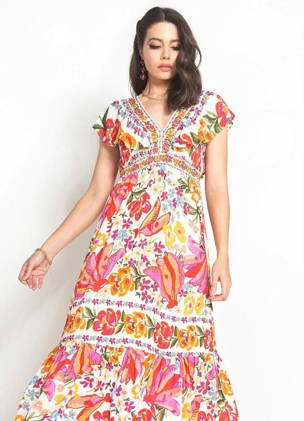 Farm - Vestido Longo de Viscose Banana Riscada Branco 3