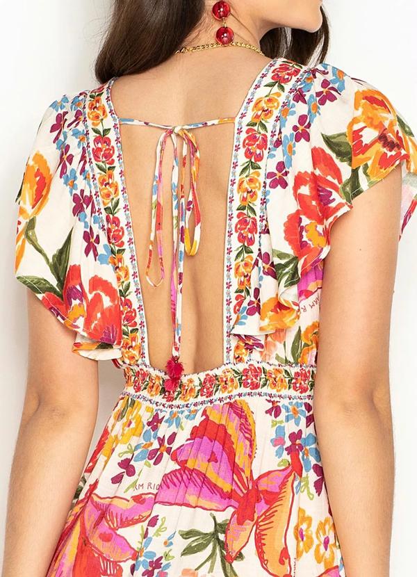 Farm - Vestido Longo de Viscose Banana Riscada Branco 4