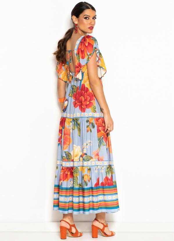 Farm - Vestido Longo de Viscose Bela Chita Azul 2