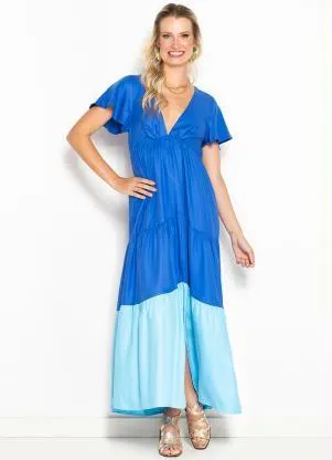 Maria Filó - Vestido Longo de Viscose Bicolor Azul - MARIA FILÓ