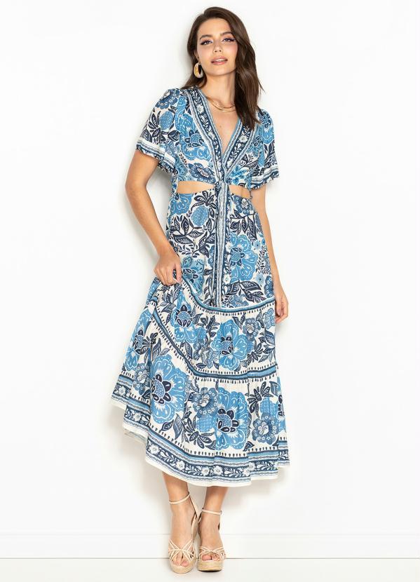 Farm - Vestido Longo de Viscose Conto de Verão Azul