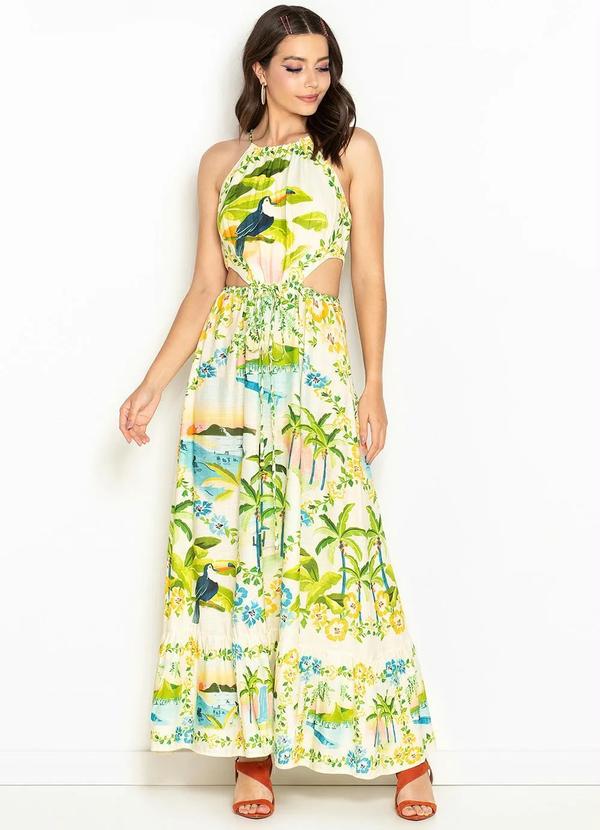 Farm - Vestido Longo de Viscose Dias de Férias Off White