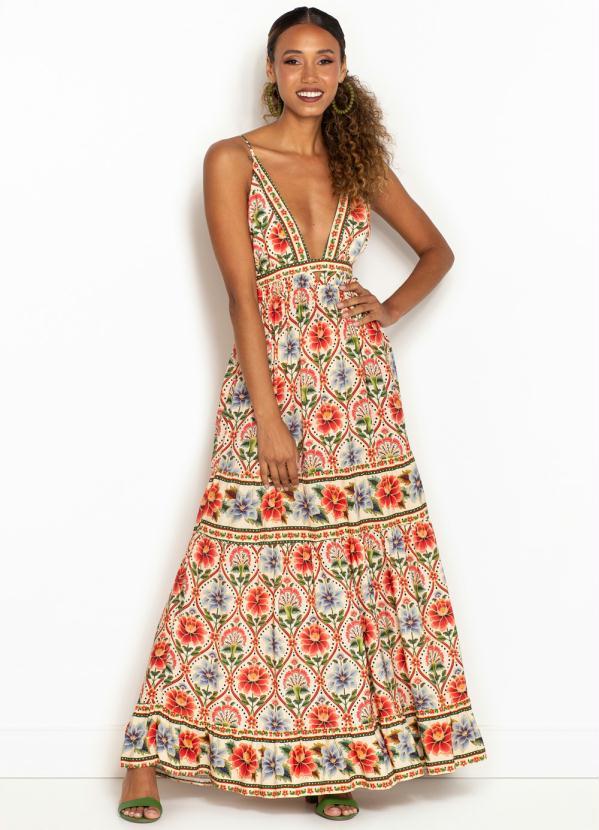 Farm - Vestido Longo de Viscose Doce Romance Bege