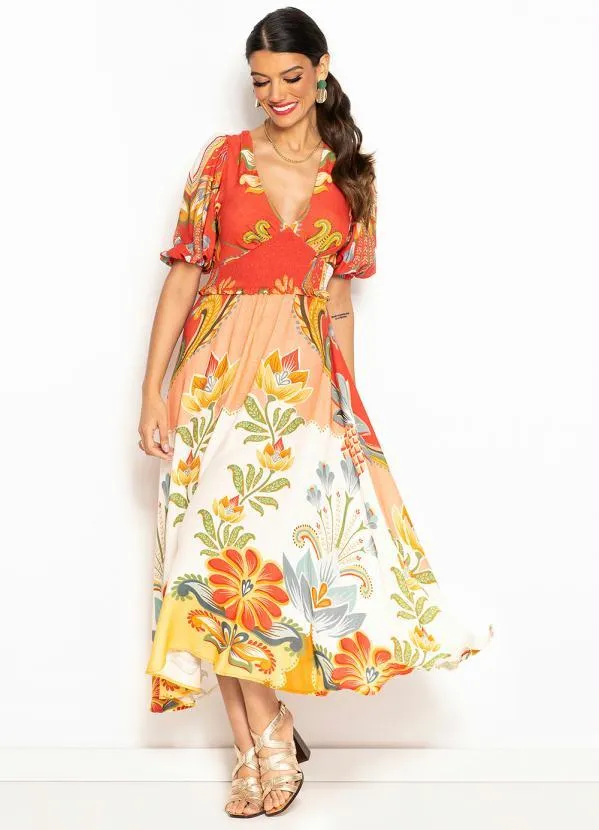 Floral Posthaus Farm Farm Vestido Longo De Viscose Energia Floral