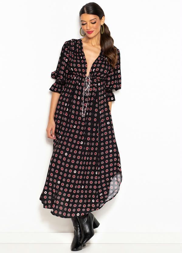 Maria Filó - Vestido Longo de Viscose Estampa Selo Preto