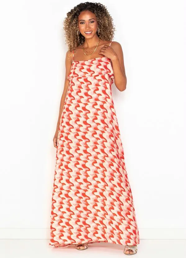 Vestido Longo de Viscose Estampado Bege Forum