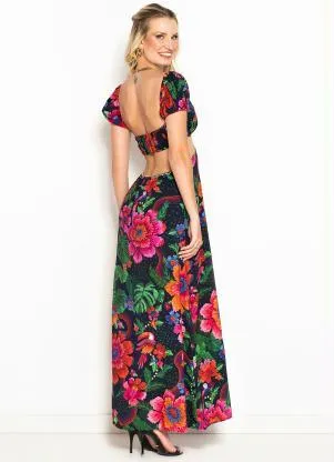 Farm - Vestido Longo de Viscose Florescer Preto - FARM