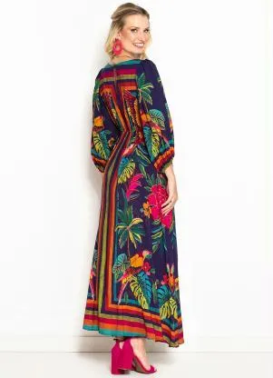 Farm - Vestido Longo de Viscose Floresta das Araras Azul - FARM