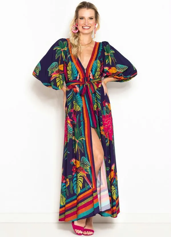 Farm - Vestido Longo de Viscose Floresta das Araras Azul